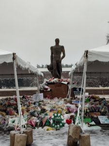 Closer view of Memorial at Sparty Statue
